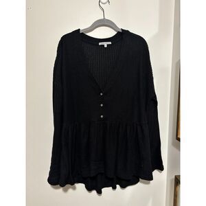 Park Adelyn Black Textured‎ Peplum Henley Top Boho Babydoll Blouse M